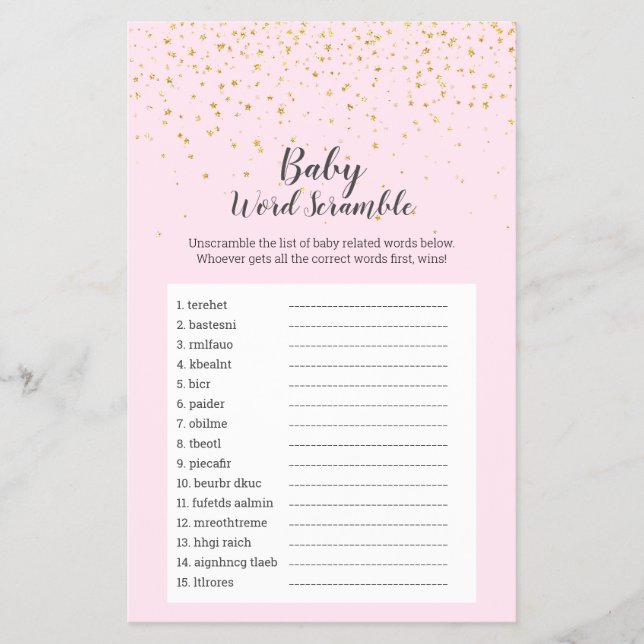 Gold Confetti Rosa Dusche Baby Word Scramble Spiel Flyer (Vorne)