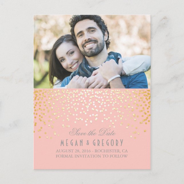Gold Confetti Rosa Elegantes Foto Save the Date Ankündigungspostkarte (Vorderseite)