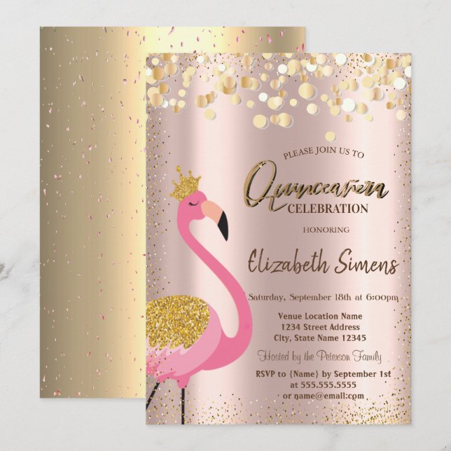 Gold Confetti Rosa Flamingo Rose Gold Quinceañera Einladung (Vorne/Hinten)