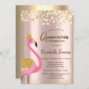 Gold Confetti Rosa Flamingo Rose Gold Quinceañera Einladung