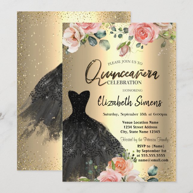 Gold Confetti, Rose Black Dress Quinceañera Einladung (Vorne/Hinten)