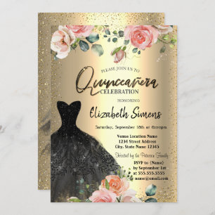 Gold Confetti, Rose Black Dress Quinceañera Einladung