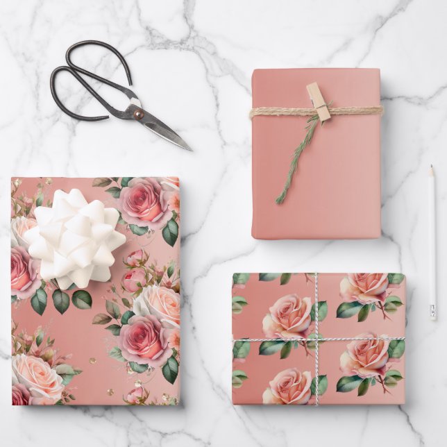 Gold Confetti Roses Brautparty Geschenkpapier Set (Vorderseite)