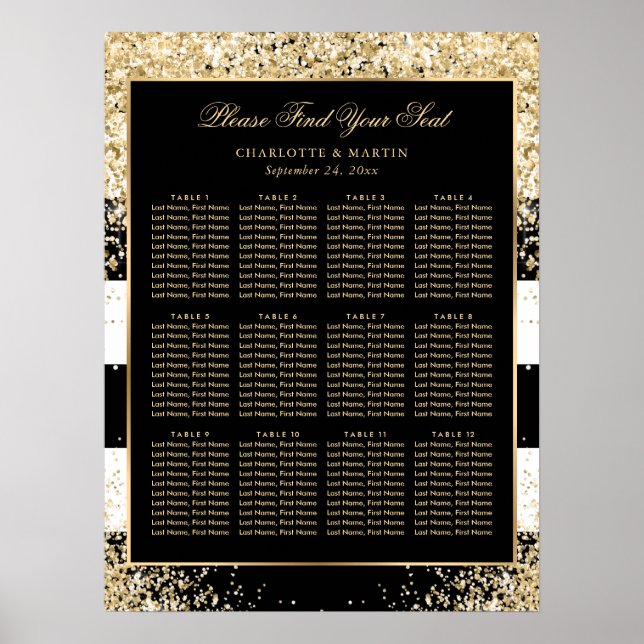 Gold Confetti Schwarz-weiße Hochzeitssattel 12 Poster (Vorne)