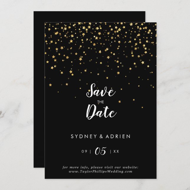 Gold Confetti | Schwarze Hochzeit Datum speichern Save The Date (Vorne/Hinten)