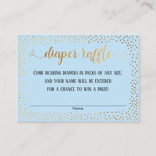 Gold Confetti & Script auf Blue Diaper Raffles Car Begleitkarte (Vorderseite)