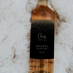 Gold Confetti Script Cheers Wedding Wine Labels Weinetikett