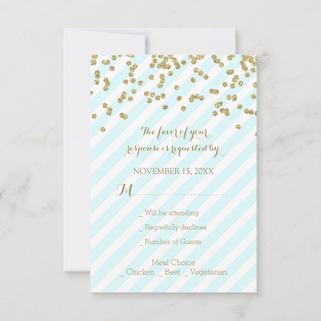 Gold Confetti Sky Blue Stripes Wedding RSVP (Vorderseite)