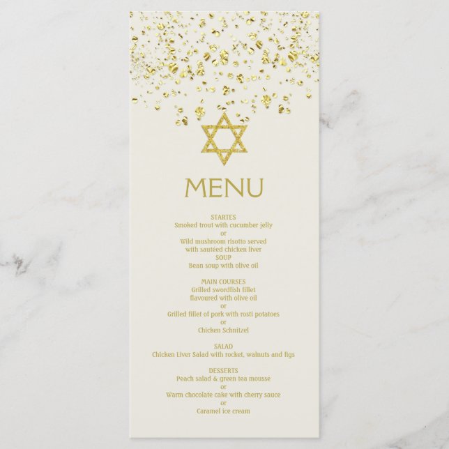 Gold Confetti, Star der David Bat Mitzvah Menu Car Menükarte (Vorderseite)