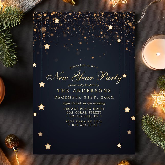 Gold Confetti Stars Navy Blue New Year Party Einladung (Von Creator hochgeladen)