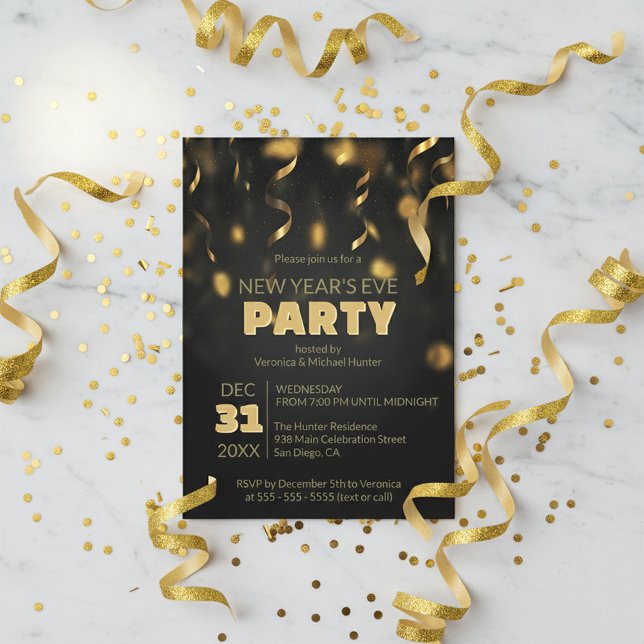 Gold Confetti Streamers Black New Year's Eve Party Einladung (Von Creator hochgeladen)
