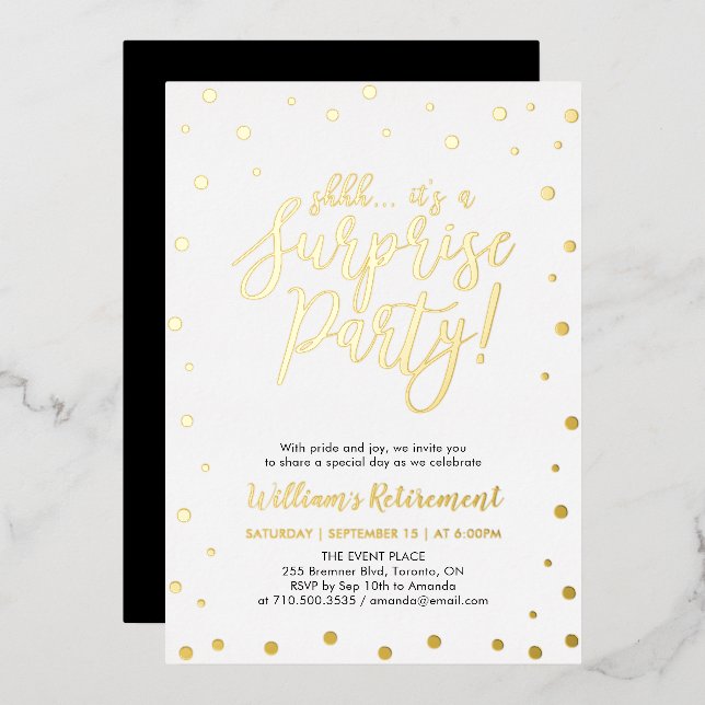 Gold Confetti Surprise Retirement Party Foil Invit Folieneinladung (Vorderseite/Rückseite)