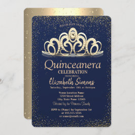 Gold Confetti Tiara Navy Blue Quinceañera Einladung