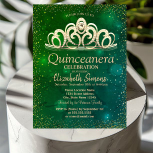 Gold Confetti Tiara Watercolor Green Quinceañera Einladung
