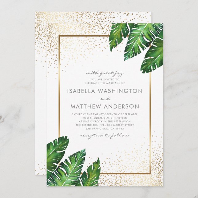 Gold Confetti & Tropical Palm Blätter Hochzeit Einladung (Vorne/Hinten)