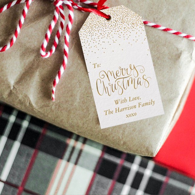 Gold Confetti Typografie Frohe Weihnachten Geschenkanhänger (Von Creator hochgeladen)