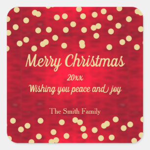 Gold Confetti über Red Christmas Pattern Quadratischer Aufkleber