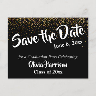 Gold Confetti und Black Abschluss Save the Date Postkarte