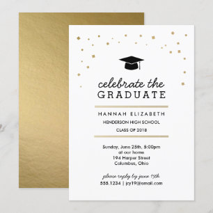 Gold Confetti und Cap Moderner Abschluss Einladung