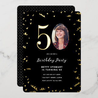 Gold Confetti und Foto 50. Geburtstagsparty Folieneinladung
