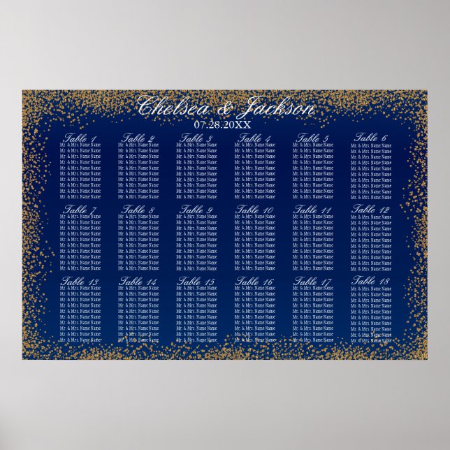 Gold Confetti und Navy Blue -18 Seating Chart Poster (Vorne)