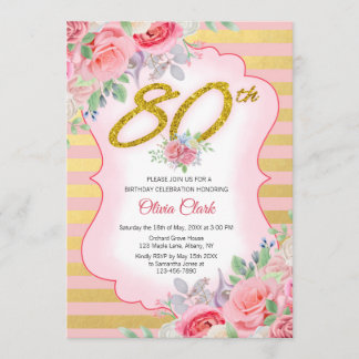 Gold Confetti und Pink Floral 80. Geburtstag Einladung