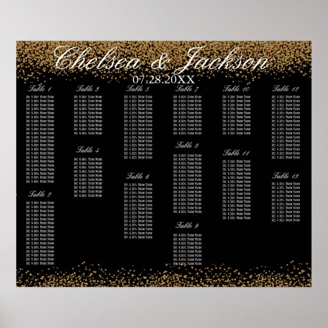 Gold Confetti und Schwarz - 13 Seating Chart Poster (Vorne)