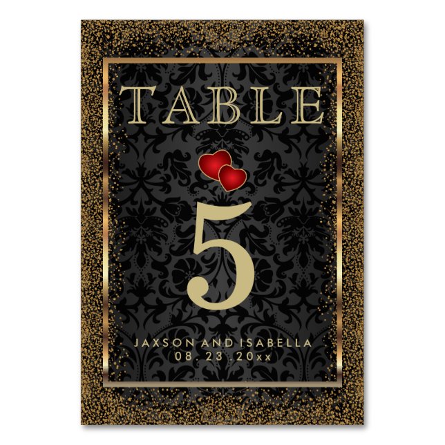Gold Confetti und Schwarz - Tischkarte Tischnummer (Rückseite)