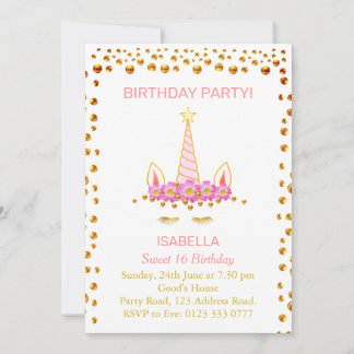 Gold Confetti und Unicorn o Sweet 16 Birthday Inv Einladung