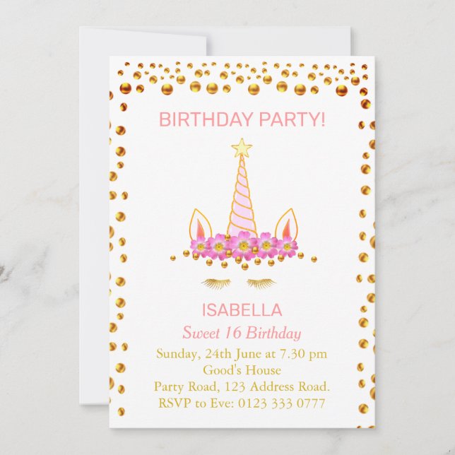 Gold Confetti und Unicorn o Sweet 16 Birthday Inv Einladung (Vorderseite)