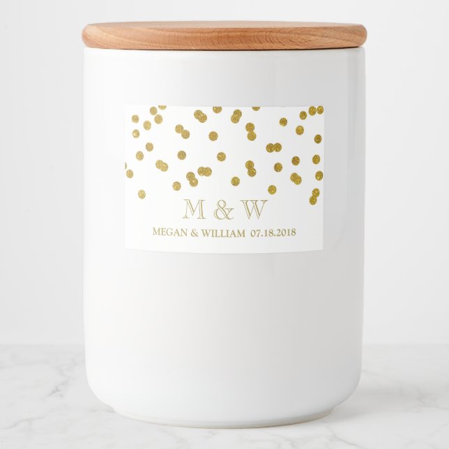 Gold Confetti Wedding Custom Monogram Label Lebensmitteletikett (Vorderseite)