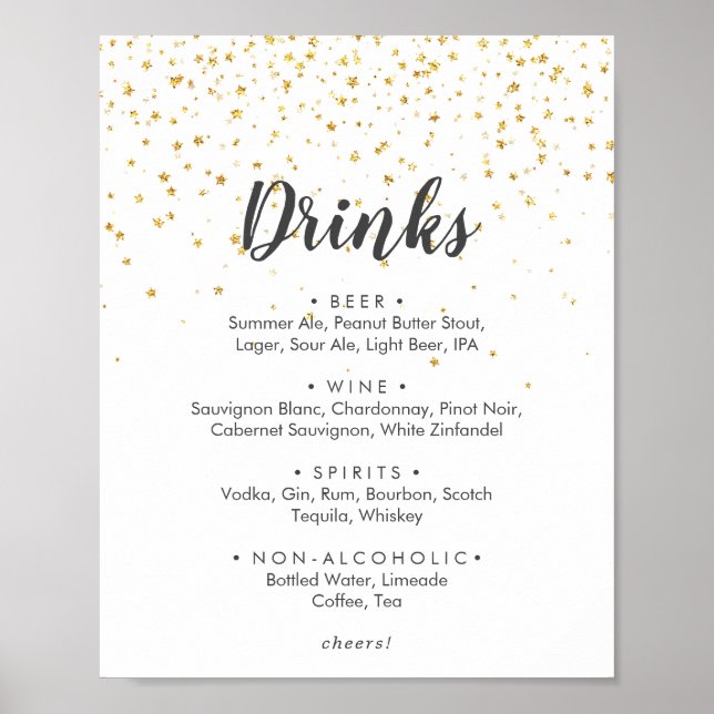 Gold Confetti Wedding Drinks Menü-Zeichen Poster (Vorne)