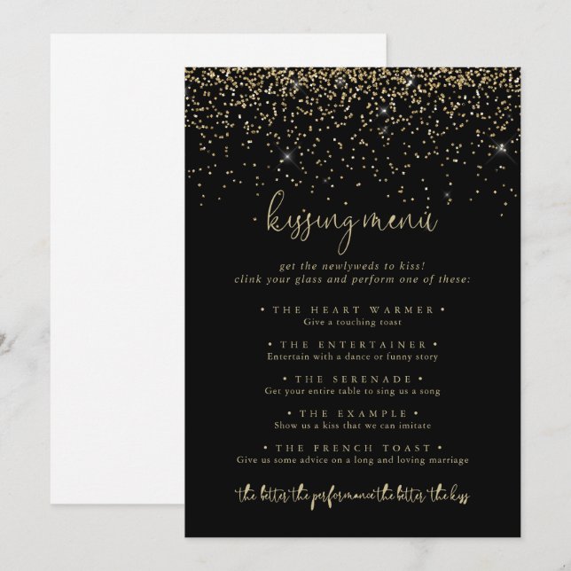 Gold Confetti Wedding Kissing Menu Game Card (Vorne/Hinten)
