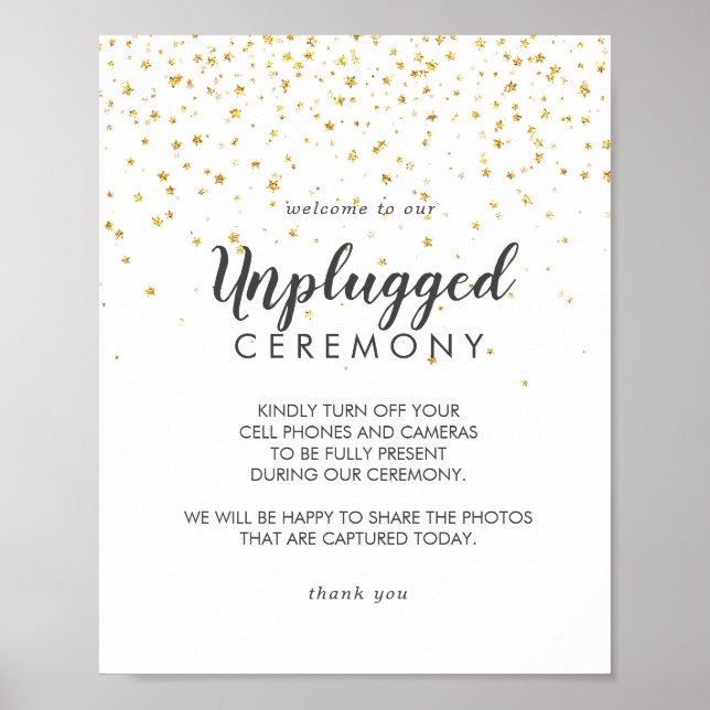 Gold Confetti Wedding Unplugged Zeremony Sign Poster (Vorne)