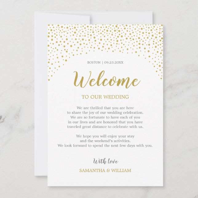 Gold Confetti Wedding Willkommensnote | Eigene Far Einladung (Vorderseite)
