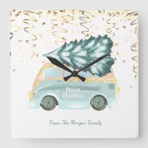 Gold Confetti, Weihnachten Grüner LKW Pine Tree   Quadratische Wanduhr