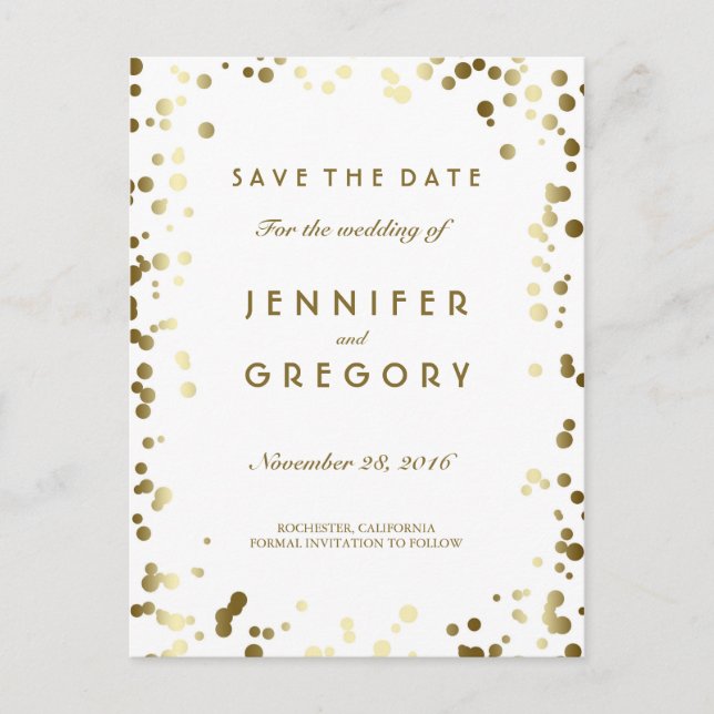 Gold Confetti White Elegant Save the Date Ankündigungspostkarte (Vorderseite)