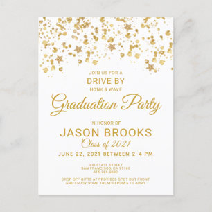 Gold Confetti White Graduation Party Drive by Ankündigungspostkarte