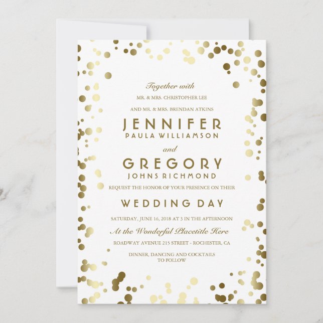 Gold Confetti White Moderne und Elegante Hochzeit Einladung (Vorderseite)