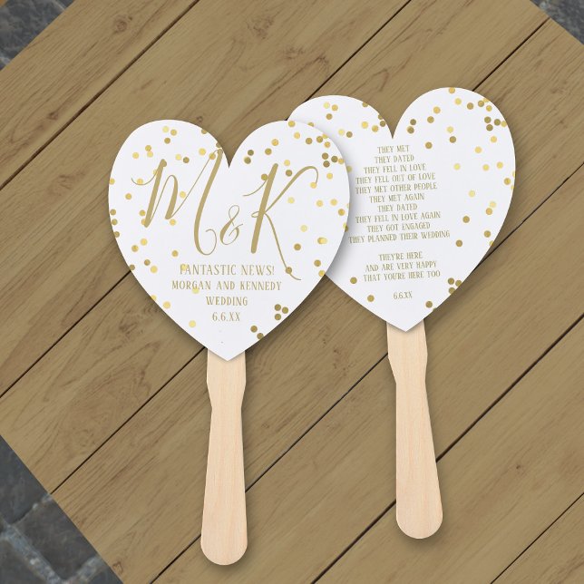Gold Confetti White Wedding Program Hand Fans Fächer (A beautiful love story - add yours)