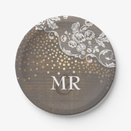 Gold Confetti Wood Lace Wedding Monogram Pappteller