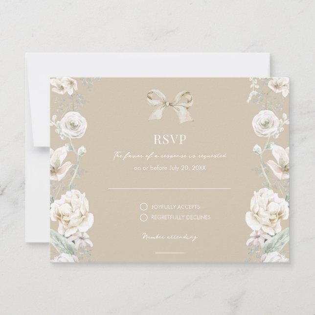 Gold Coquette Bow Floral Wedding RSVP (Vorderseite)