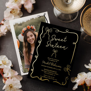 Gold Coquette Schleifen Illustrationen Sweet 16 Folieneinladung