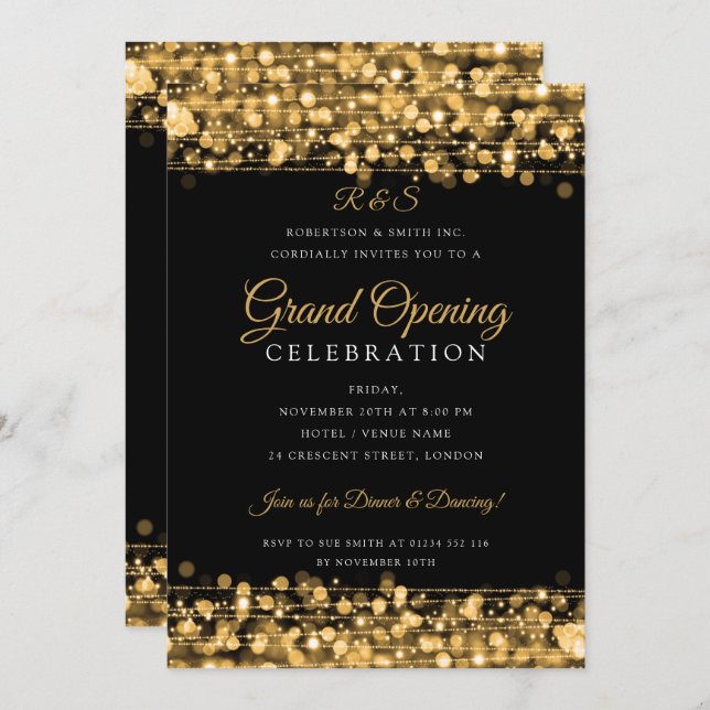 Gold Corporate Grand Opening Simple Monogram  Einladung (Vorne/Hinten)