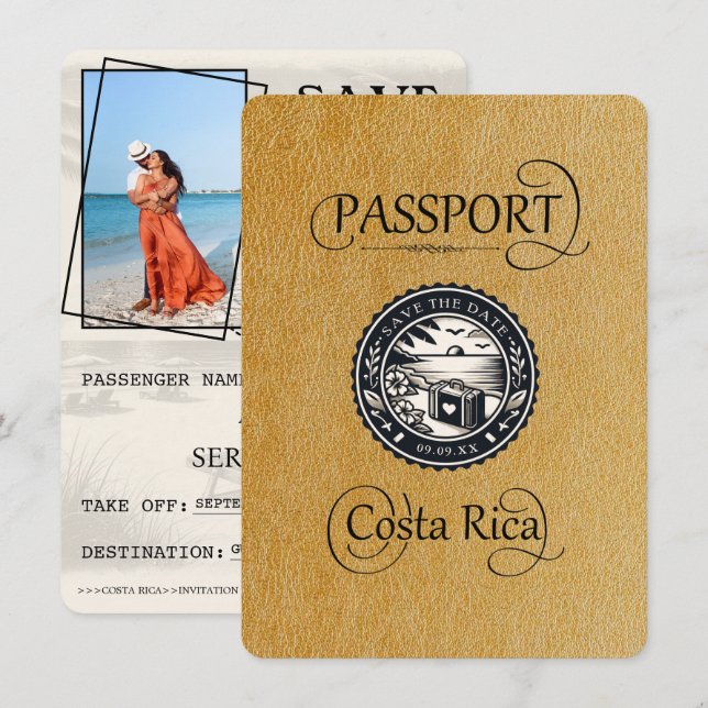 Gold Costa Rica Passport Save The Date (Vorne/Hinten)