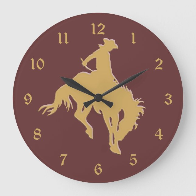 Gold Cowboy Bucking Horse Große Wanduhr (Vorderseite)