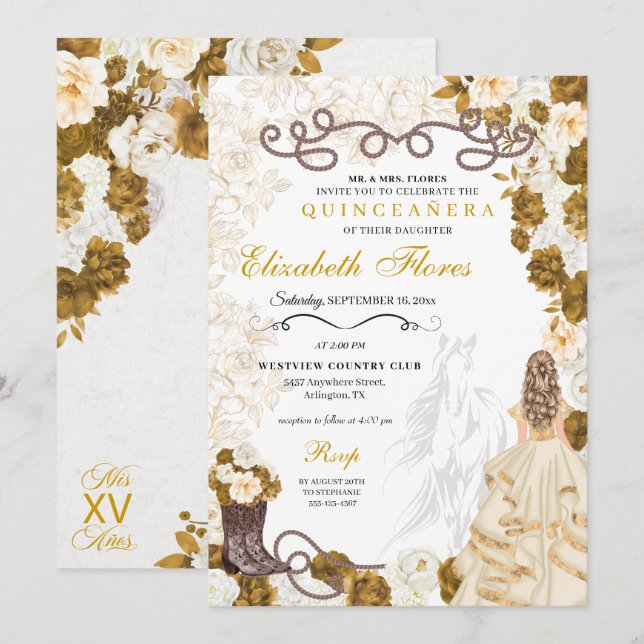 Gold Cowgirl Charro Western Quinceañera Einladung (Vorne/Hinten)