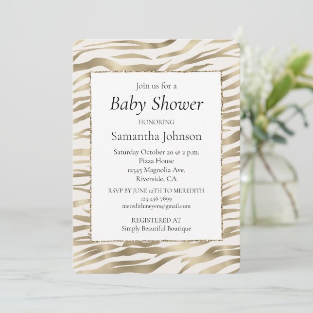 Gold Cream Zebra Print Einladung (Stehend Vorderseite)