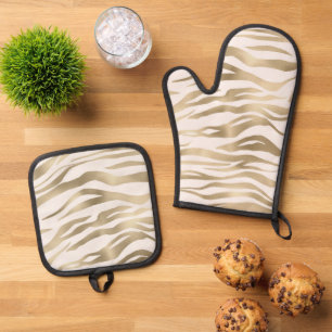 Gold Cream Zebra Print Ofenhandschuh & Topflappen-Set