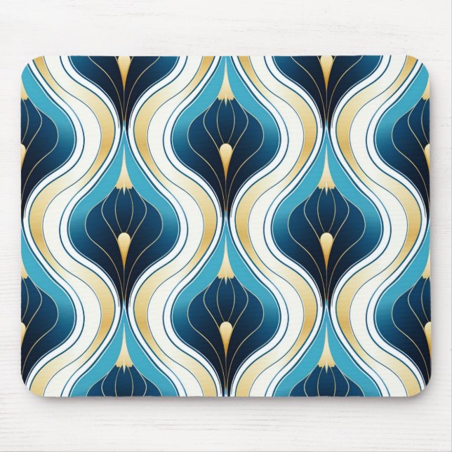 Gold, Creme, blau gefärbtes Ogee Art Deco Stil Mousepad (Vorne)
